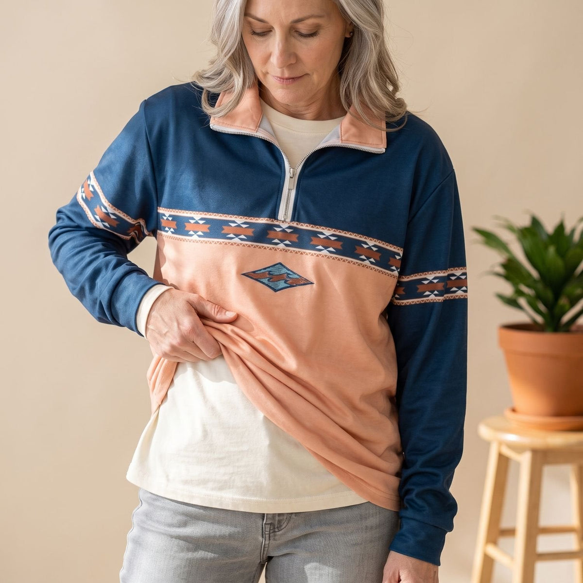 Emmeline | Women's Relaxed Geometric Print Collared Half Zip Pullover Sweater