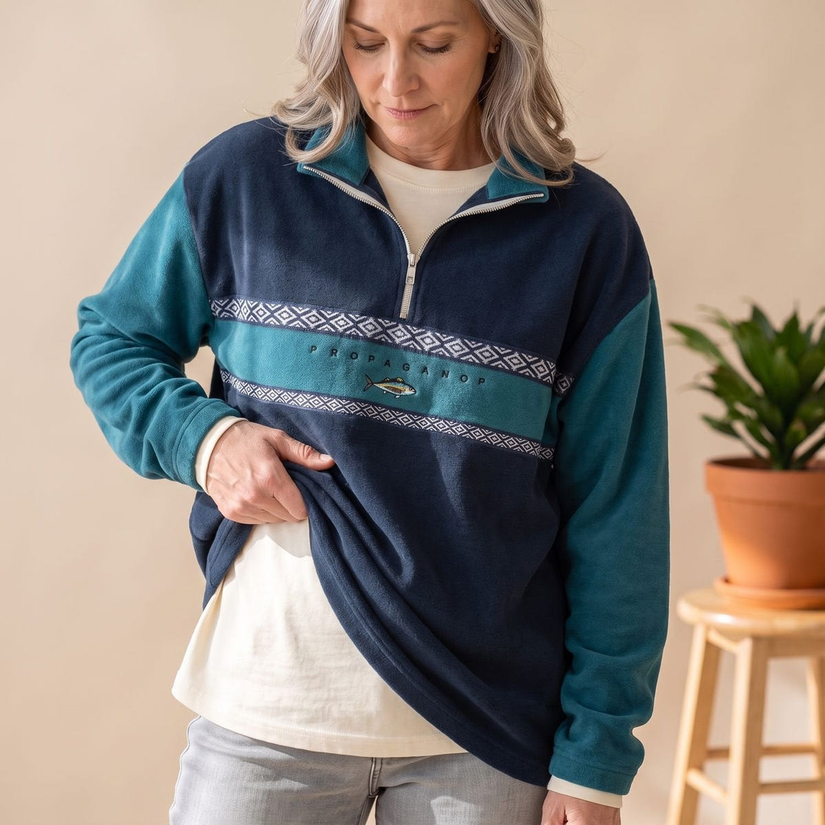 Emmeline | Women's Relaxed Geometric Print Collared Half Zip Pullover Sweater
