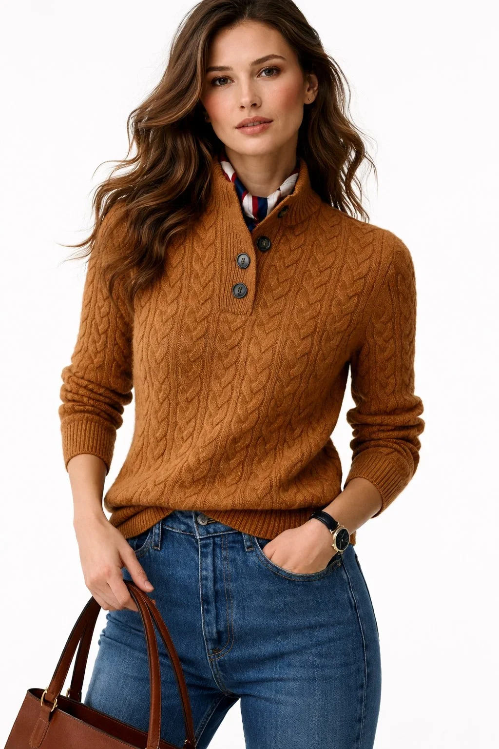 Dora | Women's Button Mock Neck Cable Knit Pullover Sweater