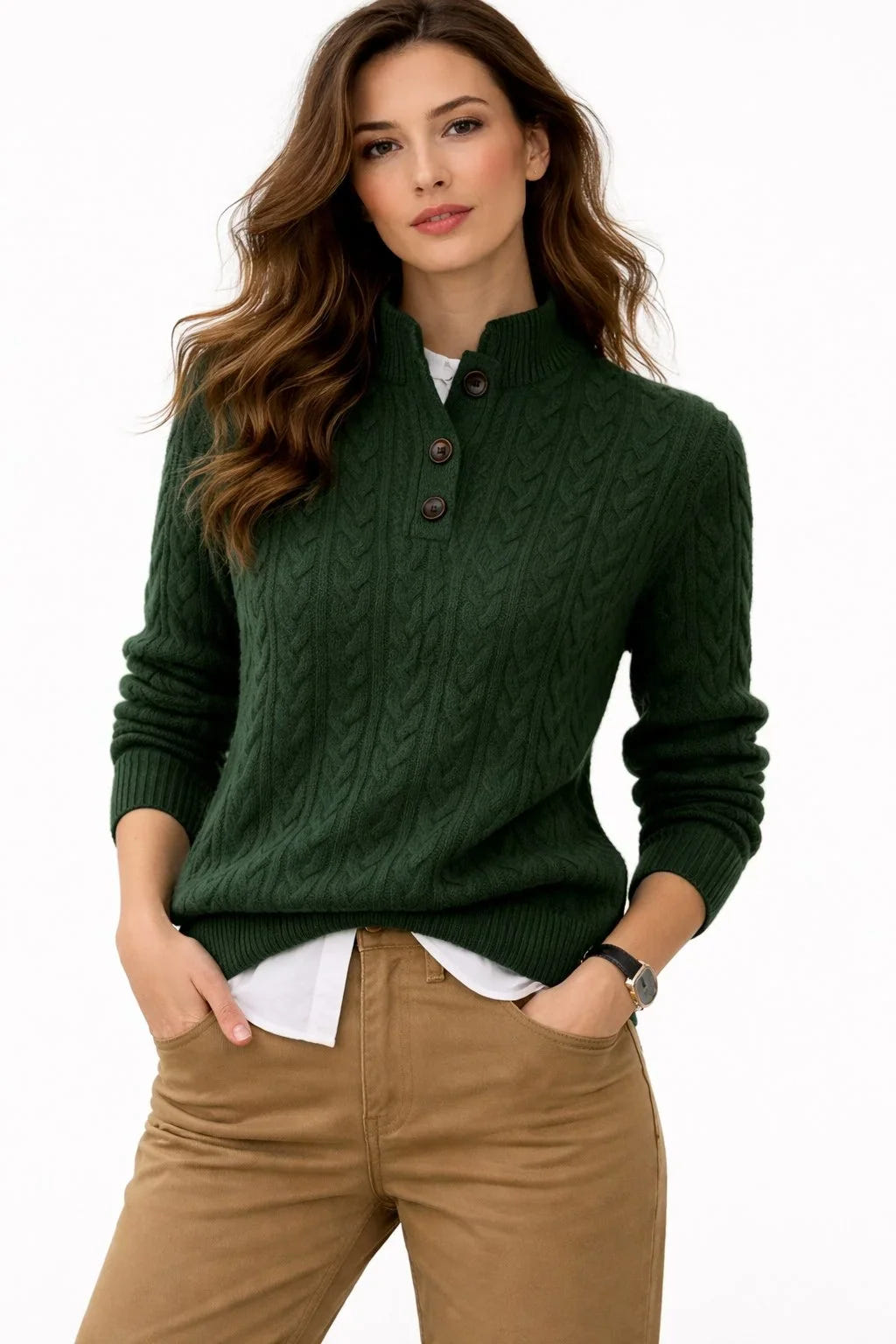 Dora | Women's Button Mock Neck Cable Knit Pullover Sweater