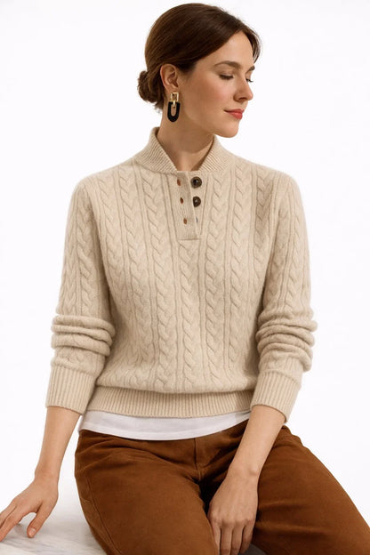 Dora | Women's Button Mock Neck Cable Knit Pullover Sweater