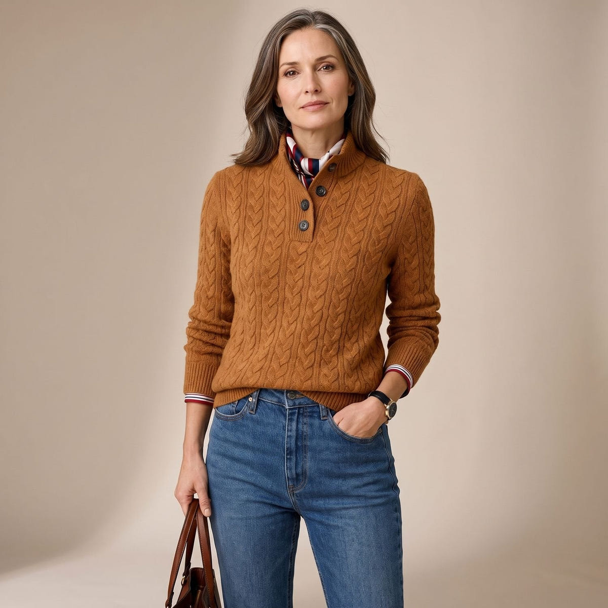 Denver | Women's Button Placket Mock Neck Cable Knit Pullover Sweater