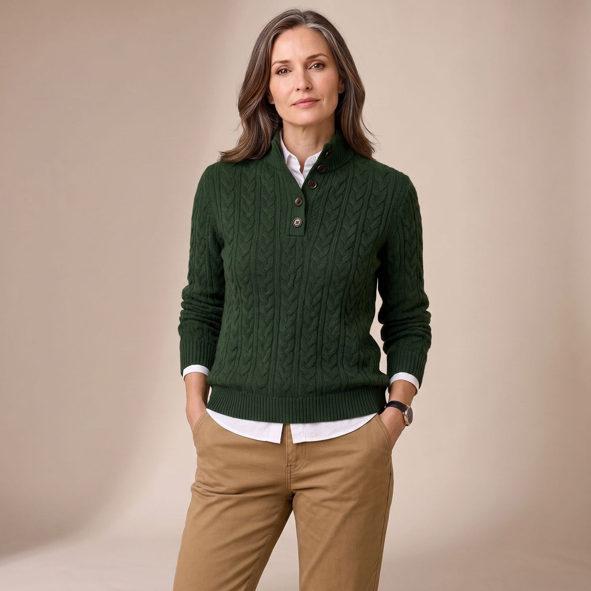 Denver | Women's Button Placket Mock Neck Cable Knit Pullover Sweater