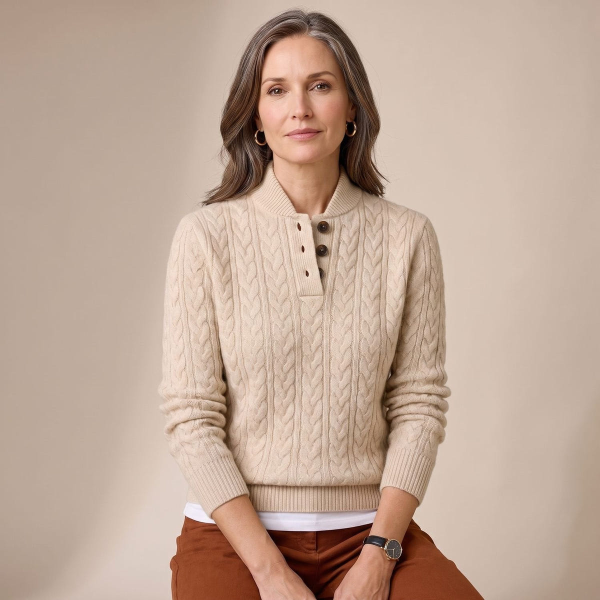 Denver | Women's Button Placket Mock Neck Cable Knit Pullover Sweater