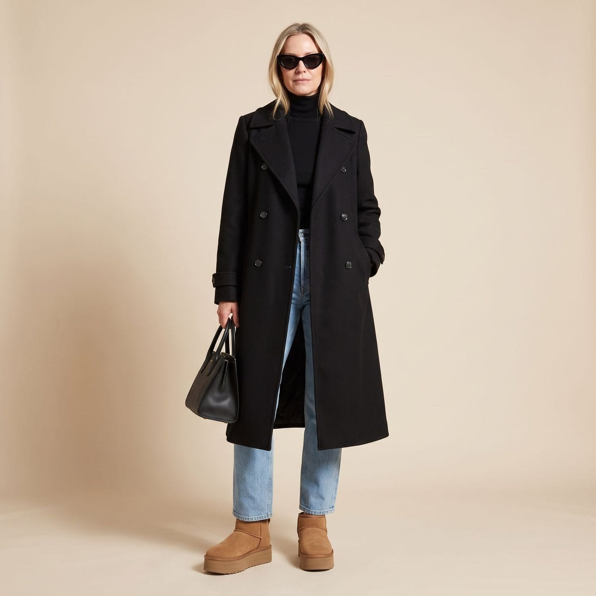 Christa | Women's Black Oversized Double-Breasted Long Trench Coat