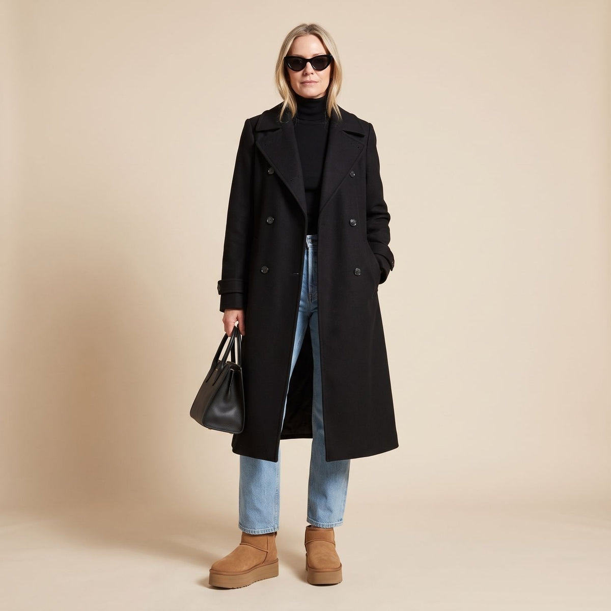 Christa | Women's Black Oversized Double-Breasted Long Trench Coat