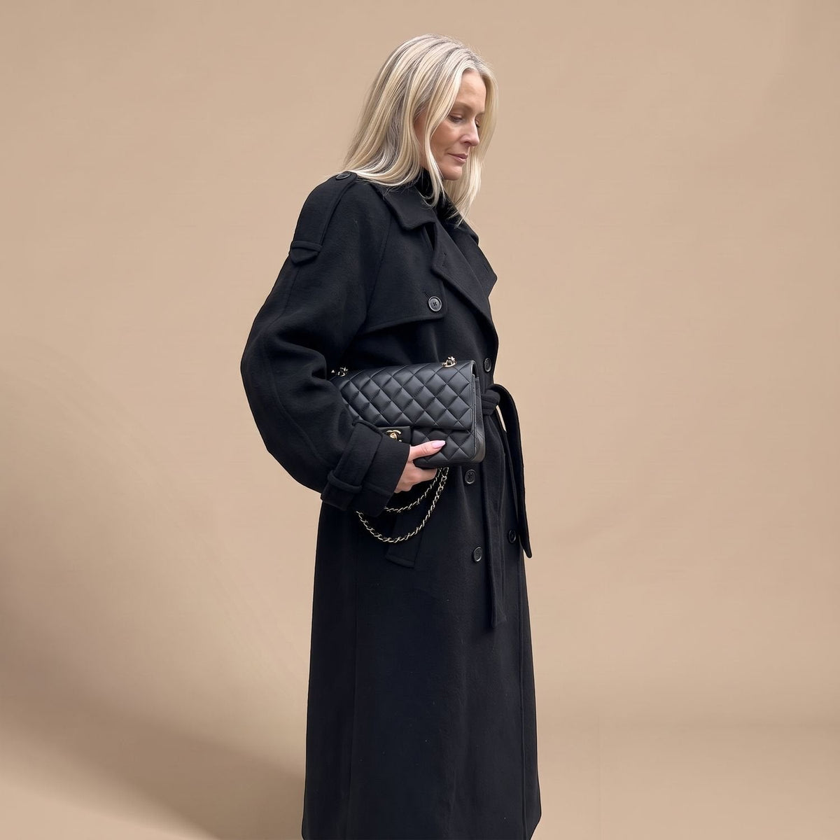 Christa | Women's Black Oversized Double-Breasted Long Trench Coat