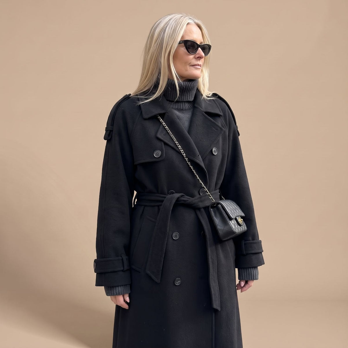 Christa | Women's Black Oversized Double-Breasted Long Trench Coat