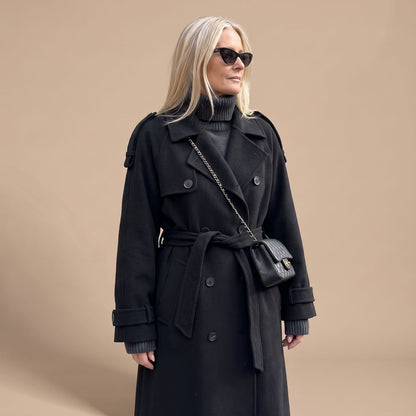 Christa | Women's Black Oversized Double-Breasted Long Trench Coat