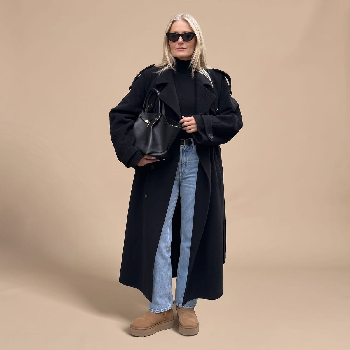 Christa | Women's Black Oversized Double-Breasted Long Trench Coat