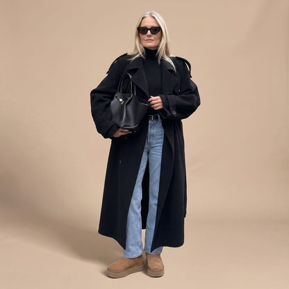 Christa | Women's Black Oversized Double-Breasted Long Trench Coat