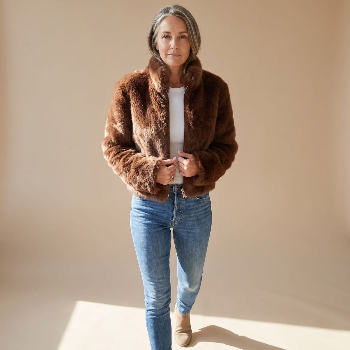 Celia | Women's Fluffy Zip-Up Stand Collar Cropped Faux Fur Jacket