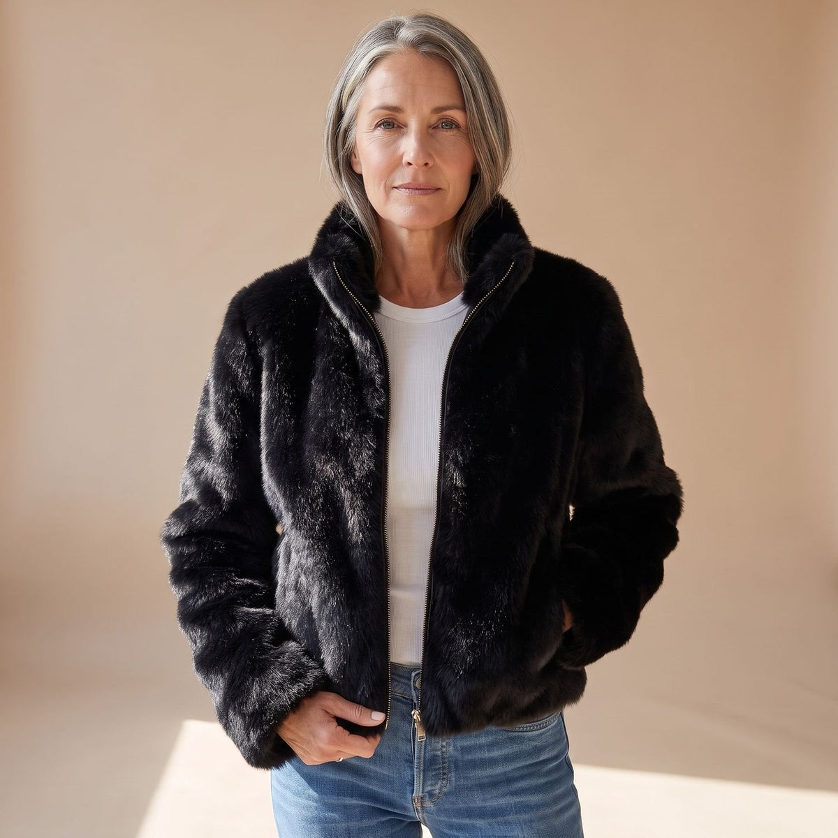 Celia | Women's Fluffy Zip-Up Stand Collar Cropped Faux Fur Jacket