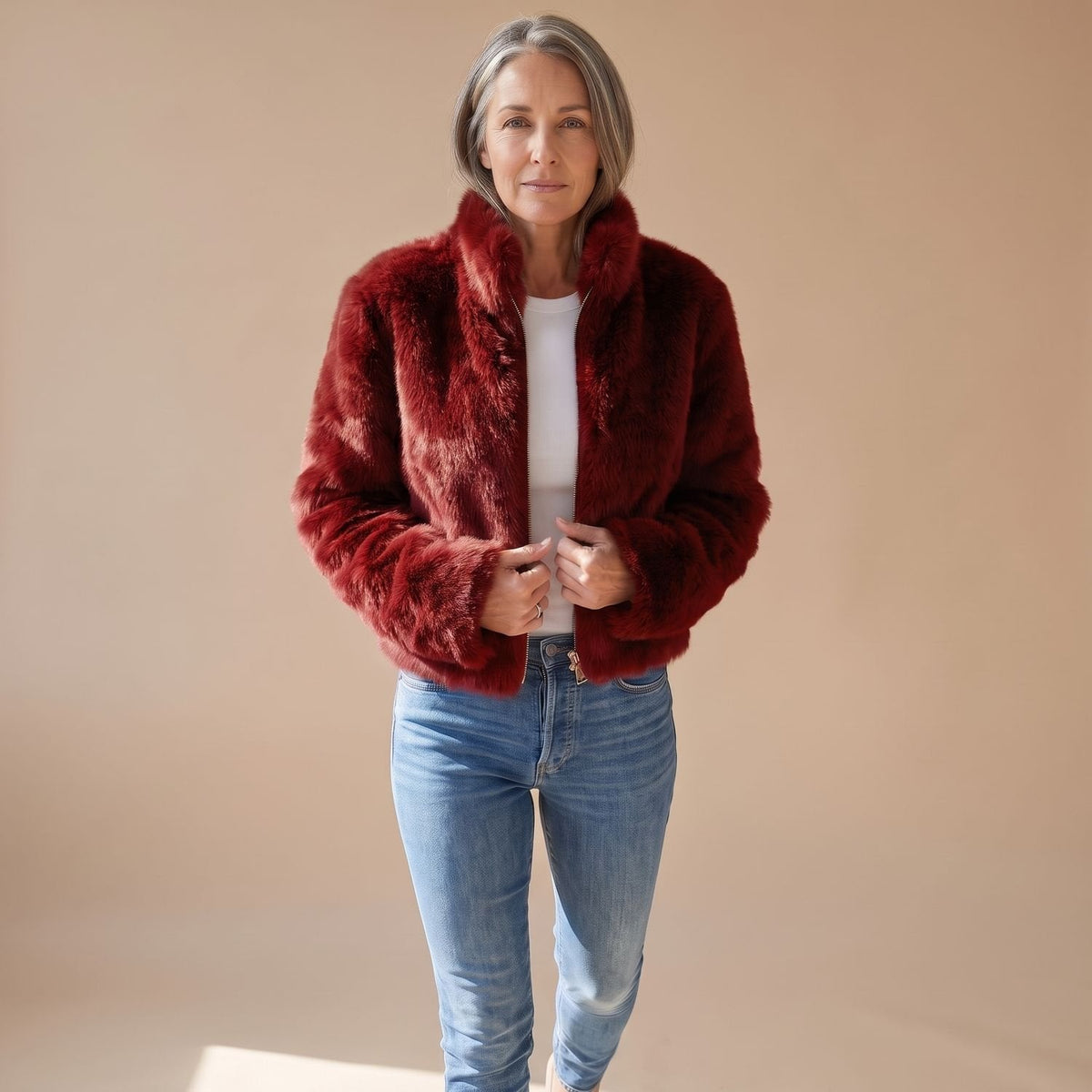 Celia | Women's Fluffy Zip-Up Stand Collar Cropped Faux Fur Jacket