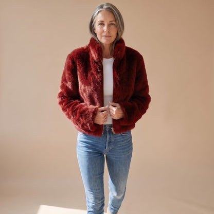 Celia | Women's Fluffy Zip-Up Stand Collar Cropped Faux Fur Jacket