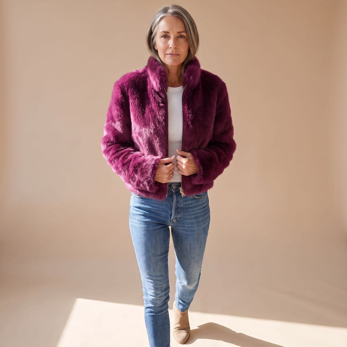 Celia | Women's Fluffy Zip-Up Stand Collar Cropped Faux Fur Jacket