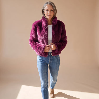 Celia | Women's Fluffy Zip-Up Stand Collar Cropped Faux Fur Jacket