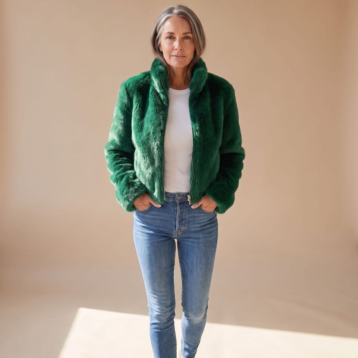 Celia | Women's Fluffy Zip-Up Stand Collar Cropped Faux Fur Jacket