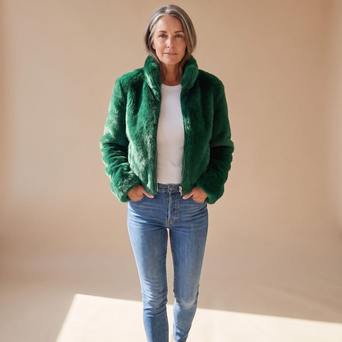Celia | Women's Fluffy Zip-Up Stand Collar Cropped Faux Fur Jacket