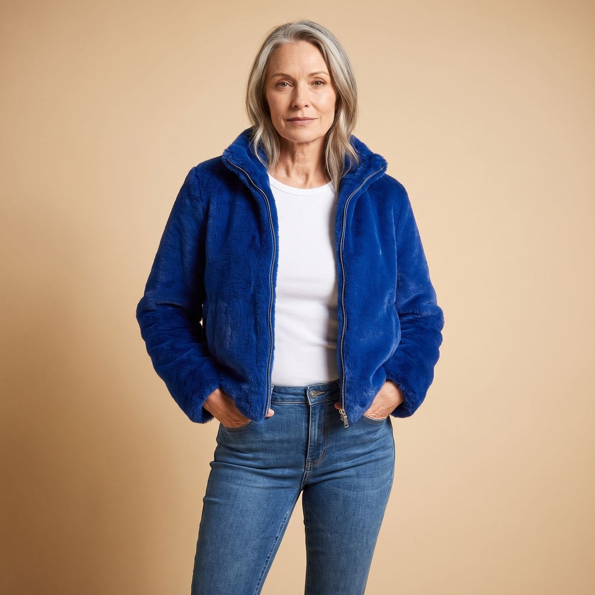 Celia | Women's Fluffy Zip-Up Stand Collar Cropped Faux Fur Jacket