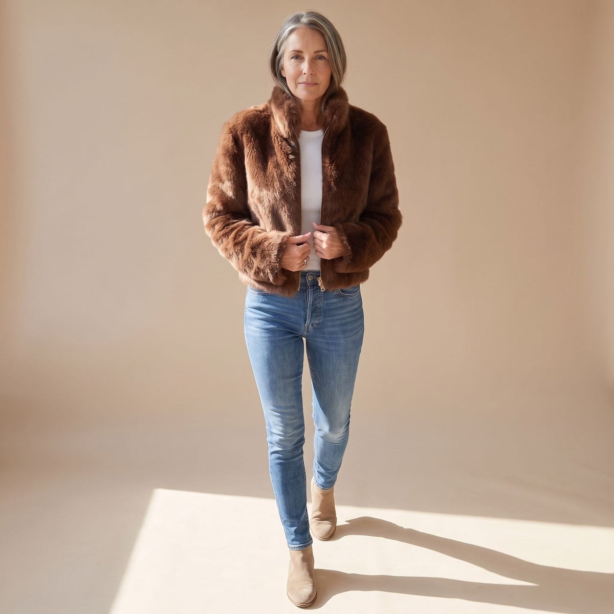 Celia | Women's Fluffy Zip-Up Stand Collar Cropped Faux Fur Jacket