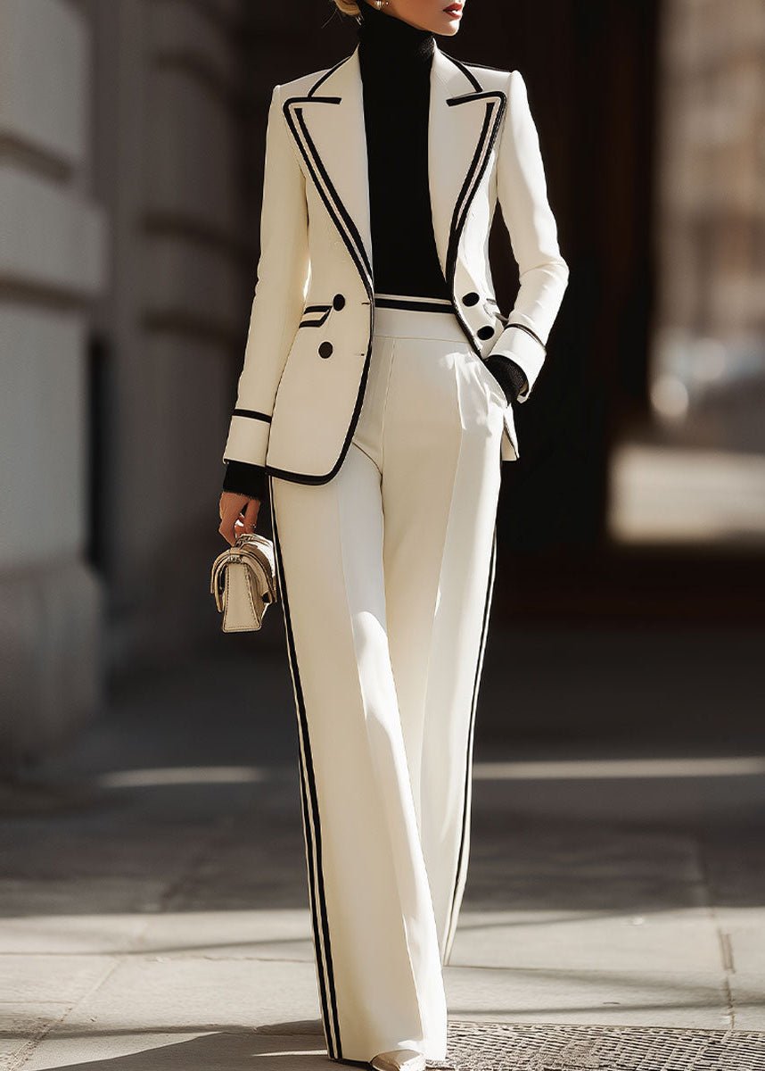 Chloe | Women's Double-Breasted Contrast Trim Wide Leg Suit Set