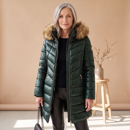 Carla | Women's Faux Fur Trim Hooded Quilted Long Puffer Coat