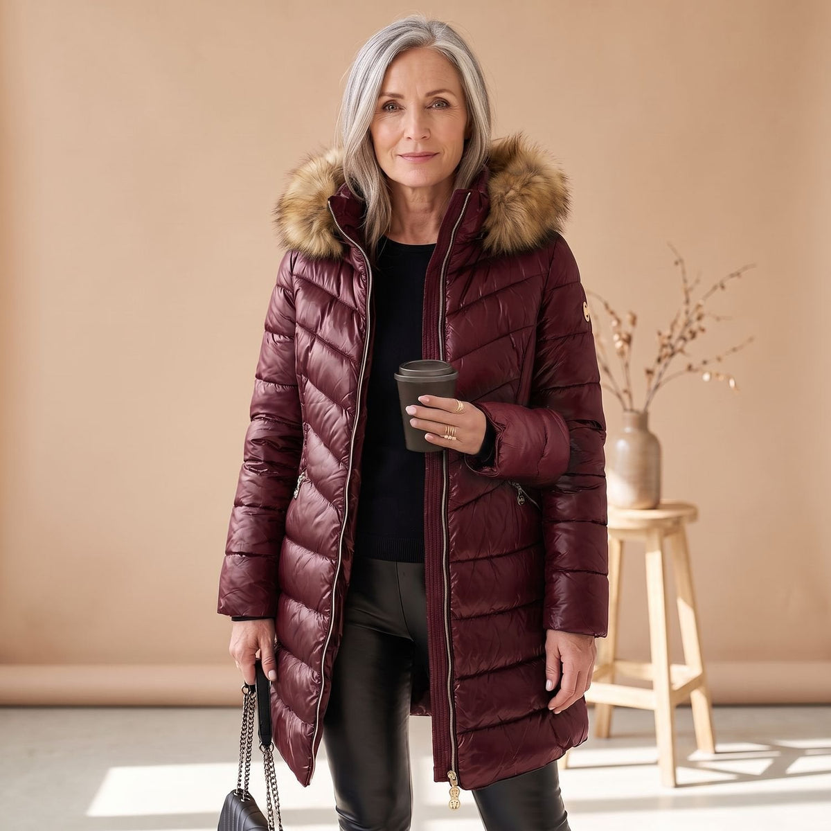 Carla | Women's Faux Fur Trim Hooded Quilted Long Puffer Coat