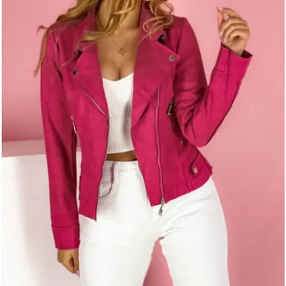 Layla | Women's Faux Leather Long Sleeve Lapel Collar Asymmetric Zip Biker Jacket
