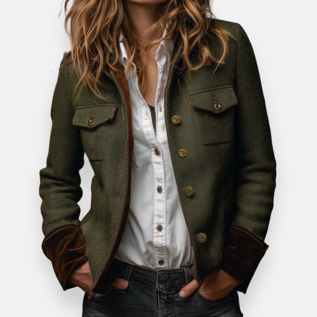 Alexandria | Women's Army Green Herringbone Military Tweed Jacket
