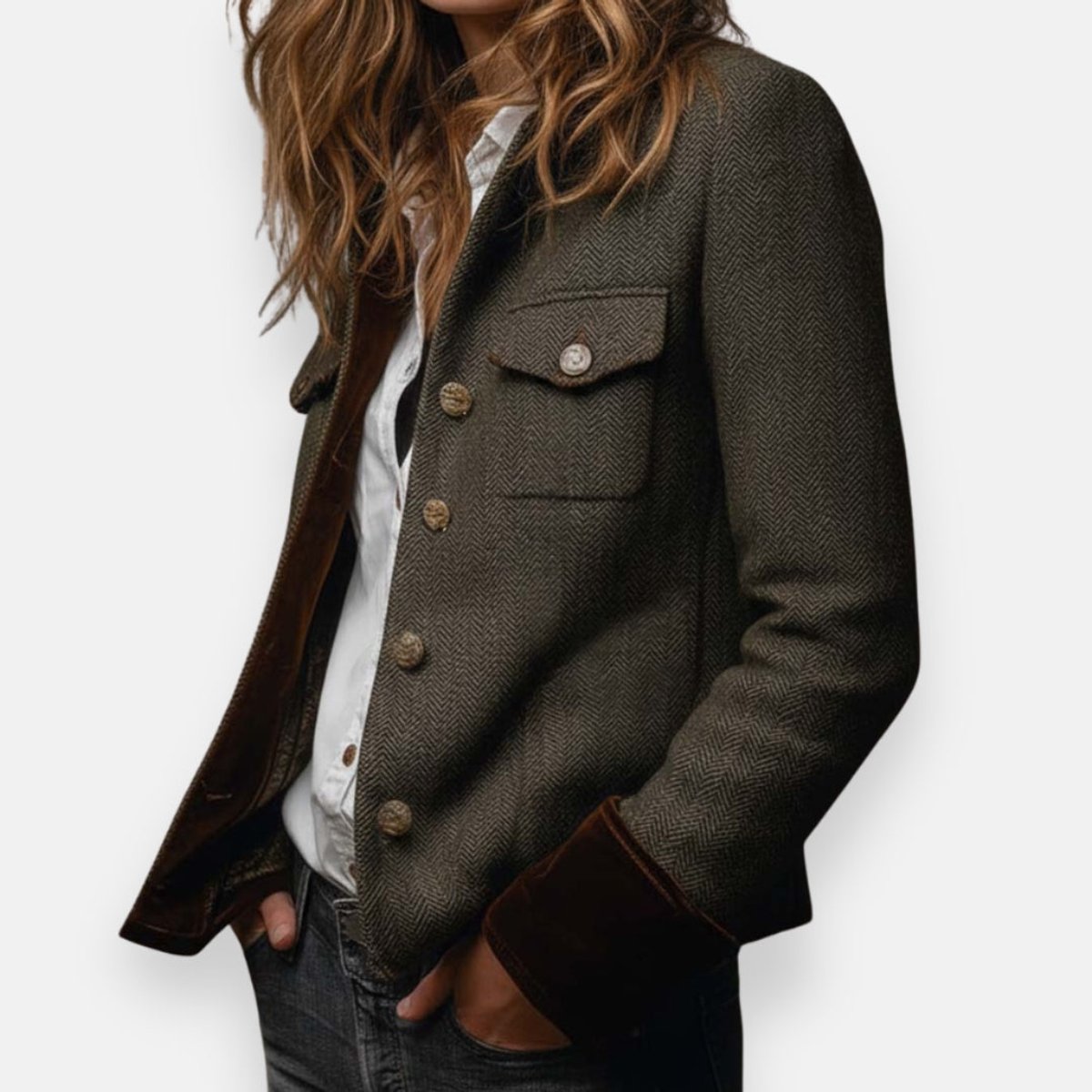 Alexandria | Women's Army Green Herringbone Military Tweed Jacket