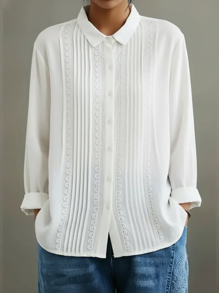 Clara | Women's Lace Trim Button-Up Pleated Front Long Sleeve Blouse