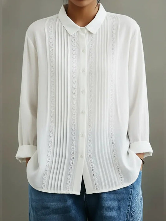 Clara | Women's Lace Trim Button-Up Pleated Front Long Sleeve Blouse