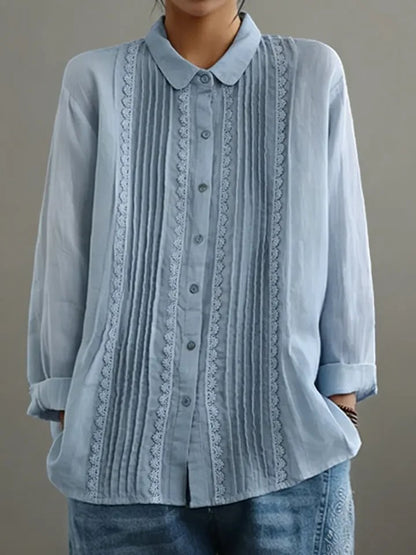 Clara | Women's Lace Trim Button-Up Pleated Front Long Sleeve Blouse