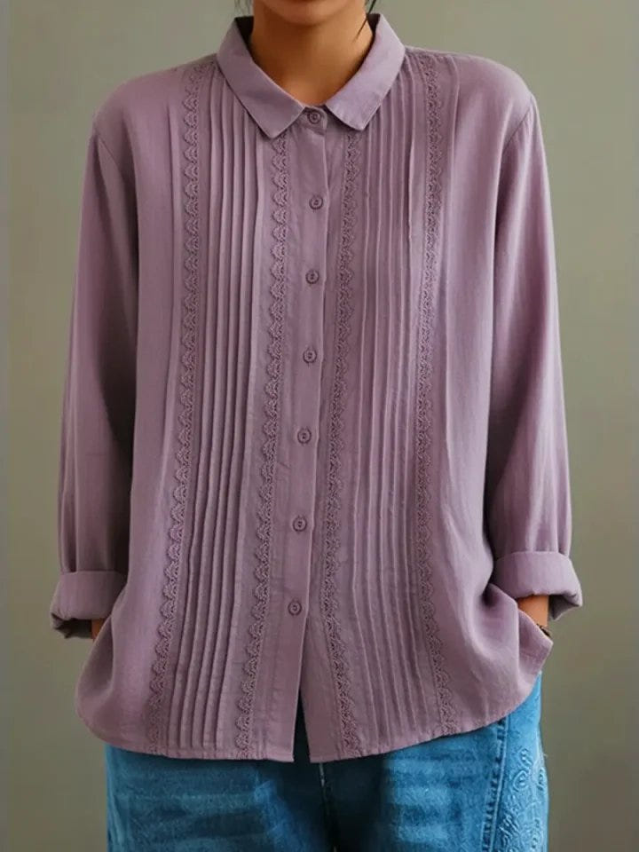 Clara | Women's Lace Trim Button-Up Pleated Front Long Sleeve Blouse
