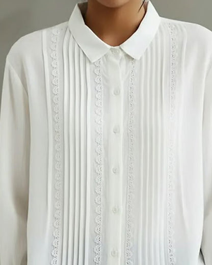 Clara | Women's Lace Trim Button-Up Pleated Front Long Sleeve Blouse