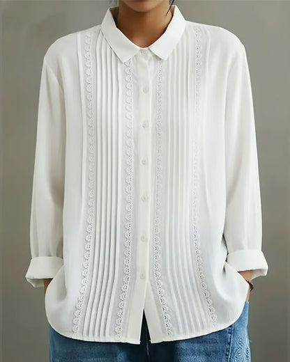 Clara | Women's Lace Trim Button-Up Pleated Front Long Sleeve Blouse