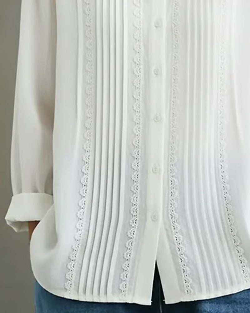 Clara | Women's Lace Trim Button-Up Pleated Front Long Sleeve Blouse