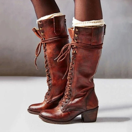 Delaney | Women's Lace-Up Round Toe Block Heel Knee-High Boot