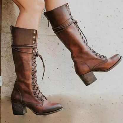 Delaney | Women's Lace-Up Round Toe Block Heel Knee-High Boot