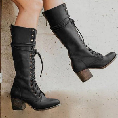 Delaney | Women's Lace-Up Round Toe Block Heel Knee-High Boot