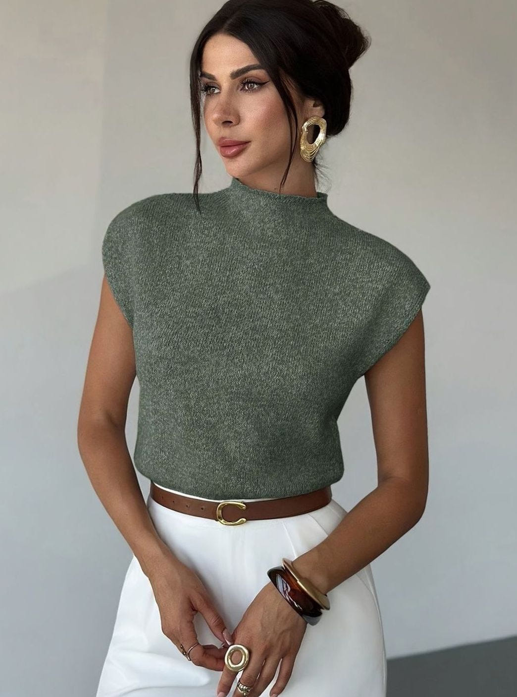 Victoria | Women's Mock Neck Cap Sleeve Knit Pullover Sweater