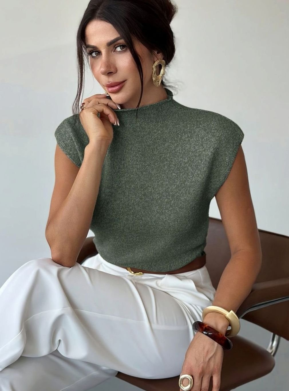 Victoria | Women's Mock Neck Cap Sleeve Knit Pullover Sweater