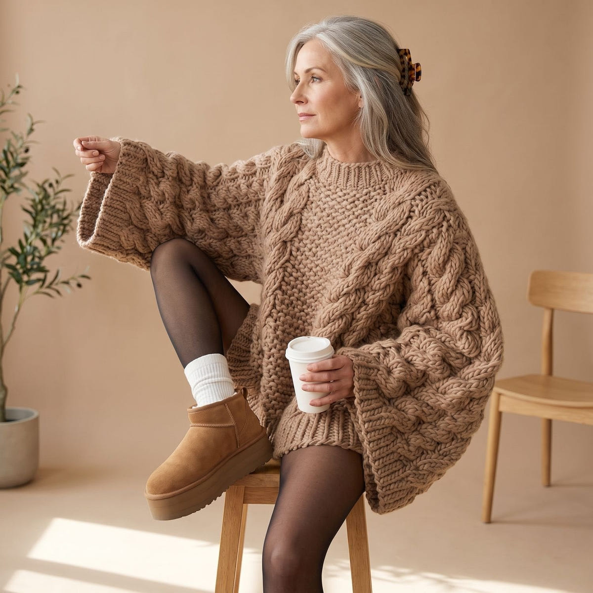 Delia | Women's Oversized Chunky Crew Neck Cable Knit Pullover Sweater