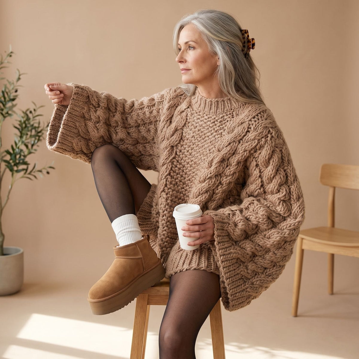 Delia | Women's Oversized Chunky Crew Neck Cable Knit Pullover Sweater