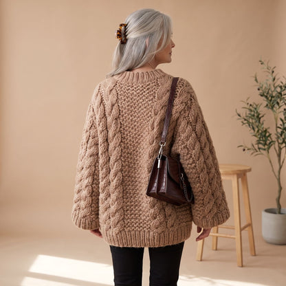 Delia | Women's Oversized Chunky Crew Neck Cable Knit Pullover Sweater