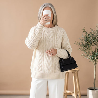 Delia | Women's Oversized Chunky Crew Neck Cable Knit Pullover Sweater