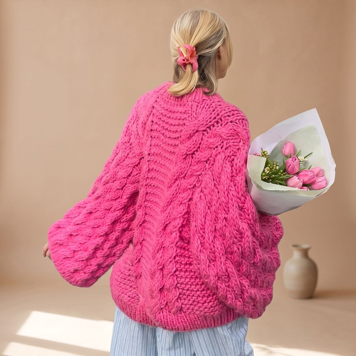Delia | Women's Oversized Chunky Crew Neck Cable Knit Pullover Sweater
