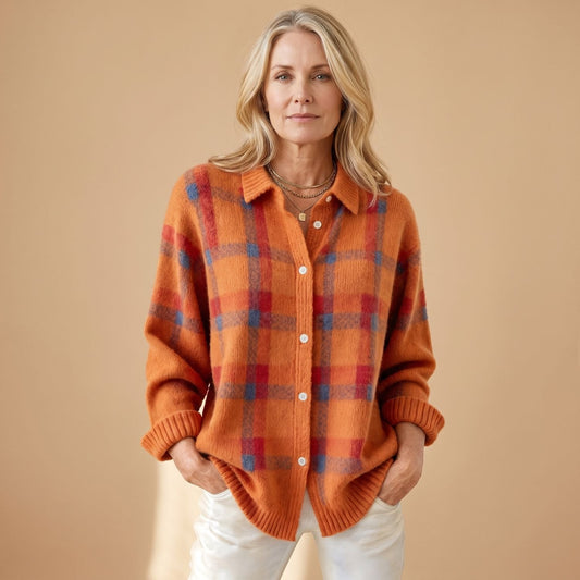 Crystal | Women's Oversized Plaid Collared Button Up Knit Cardigan Sweater