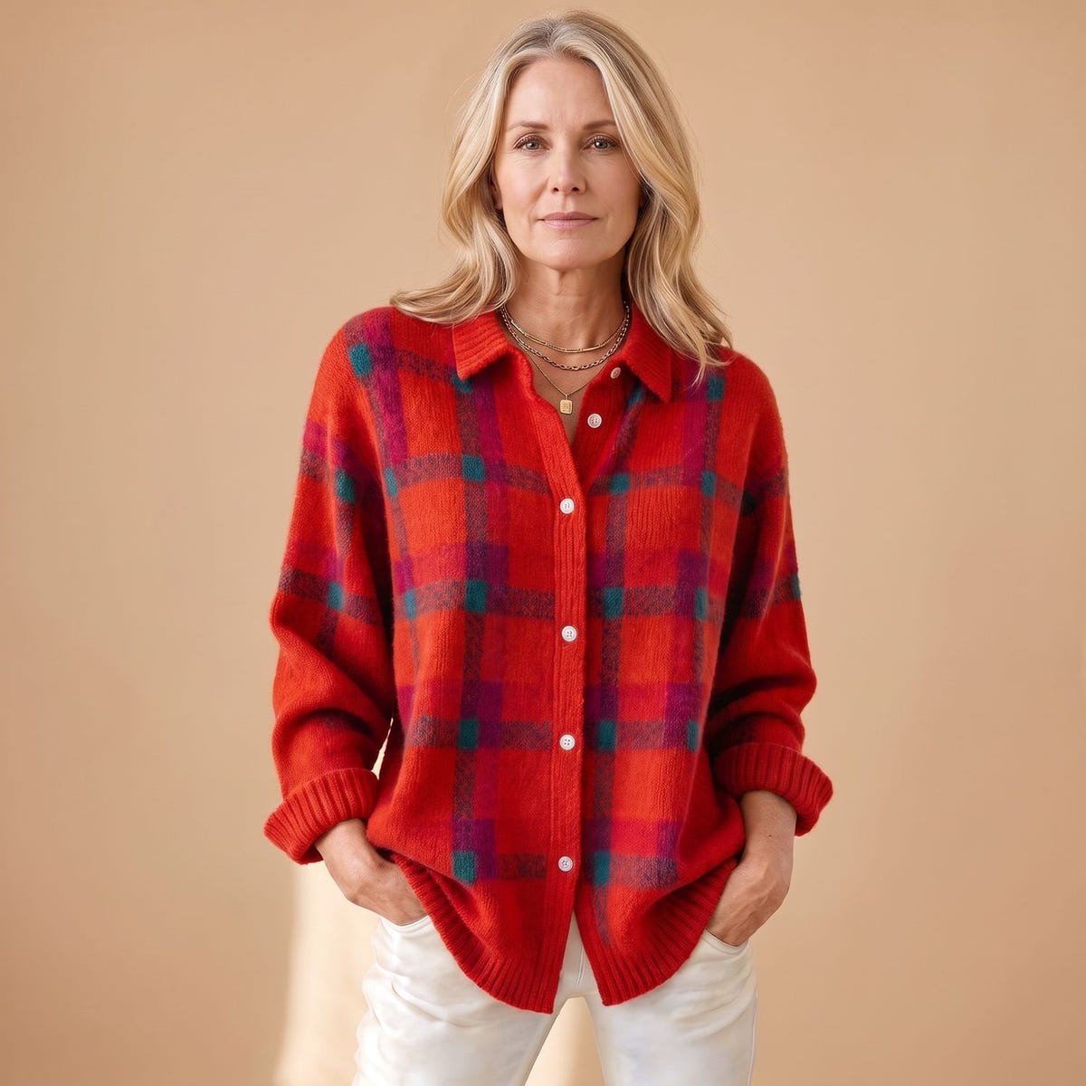 Crystal | Women's Oversized Plaid Collared Button Up Knit Cardigan Sweater